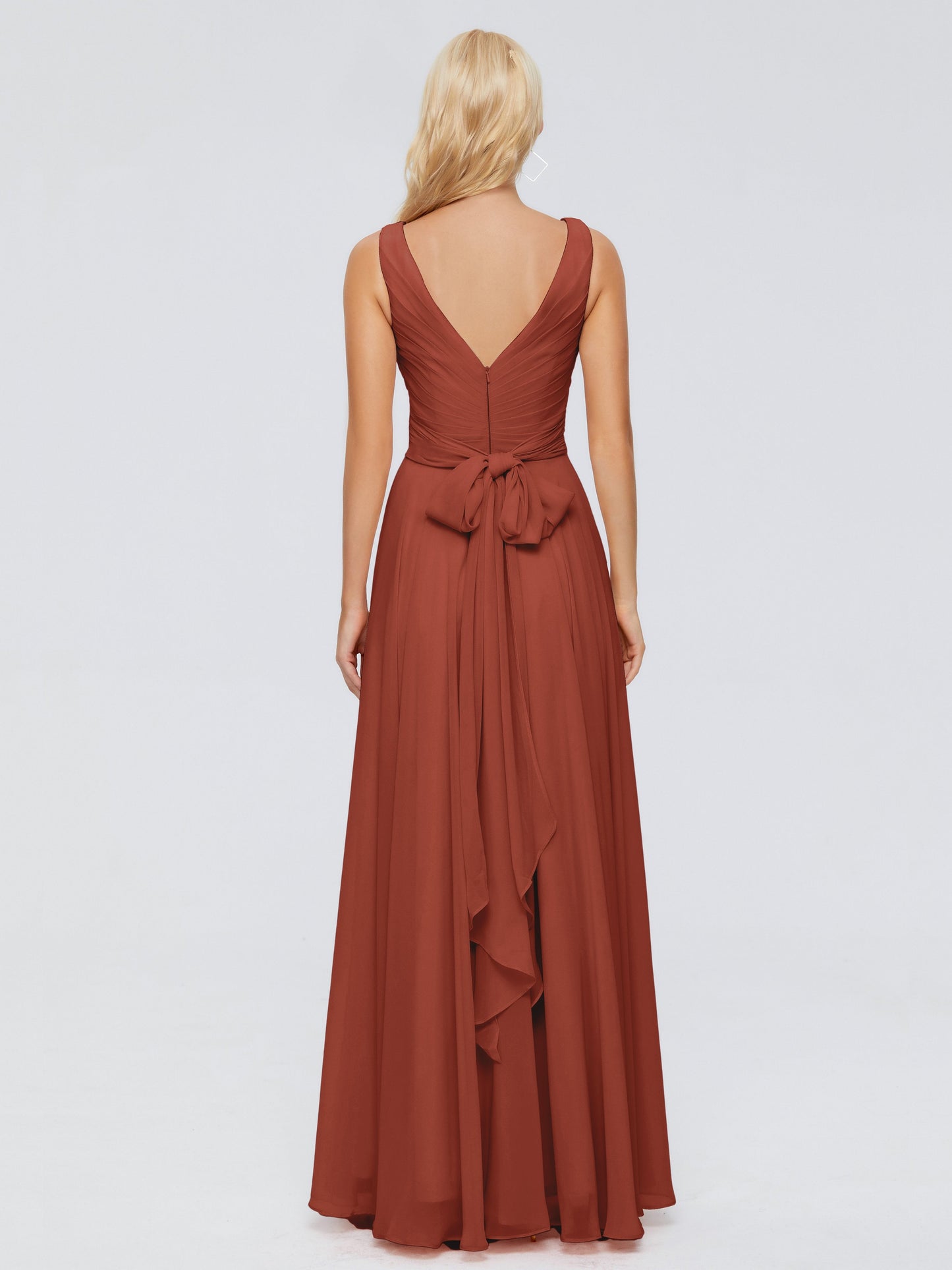 Rust Bridesmaid Dresses V Neck Long Chiffon Bridesmaid Dresses with Bow
