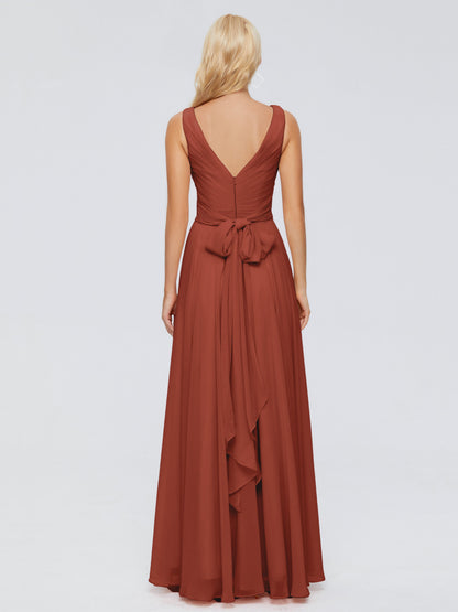 Rust Bridesmaid Dresses V Neck Long Chiffon Bridesmaid Dresses with Bow