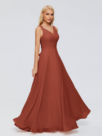 Rust Bridesmaid Dresses V Neck Long Chiffon Bridesmaid Dresses with Bow