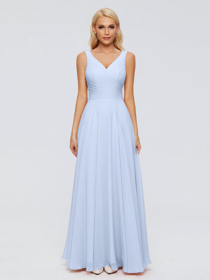 Bridesmaid Dresses Sky Blue V Neck Long Chiffon Bridesmaid Dresses with Bow