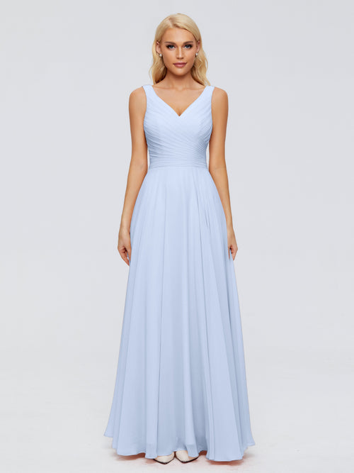 Bridesmaid Dresses Sky Blue V Neck Long Chiffon Bridesmaid Dresses with Bow