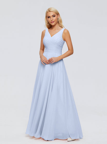 Bridesmaid Dresses Sky Blue V Neck Long Chiffon Bridesmaid Dresses with Bow