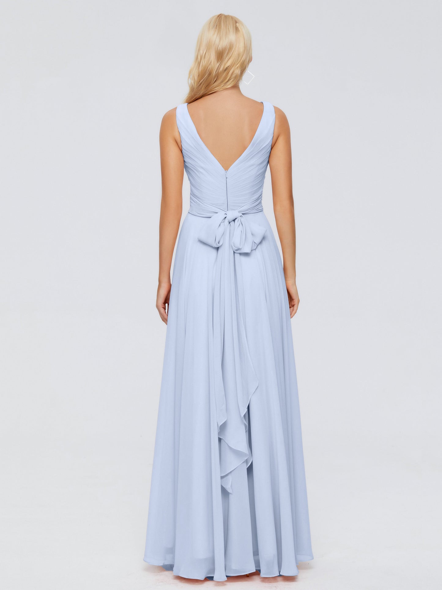 Bridesmaid Dresses Sky Blue V Neck Long Chiffon Bridesmaid Dresses with Bow