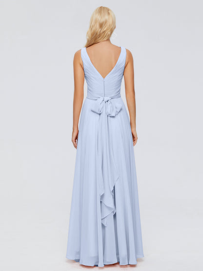 Bridesmaid Dresses Sky Blue V Neck Long Chiffon Bridesmaid Dresses with Bow