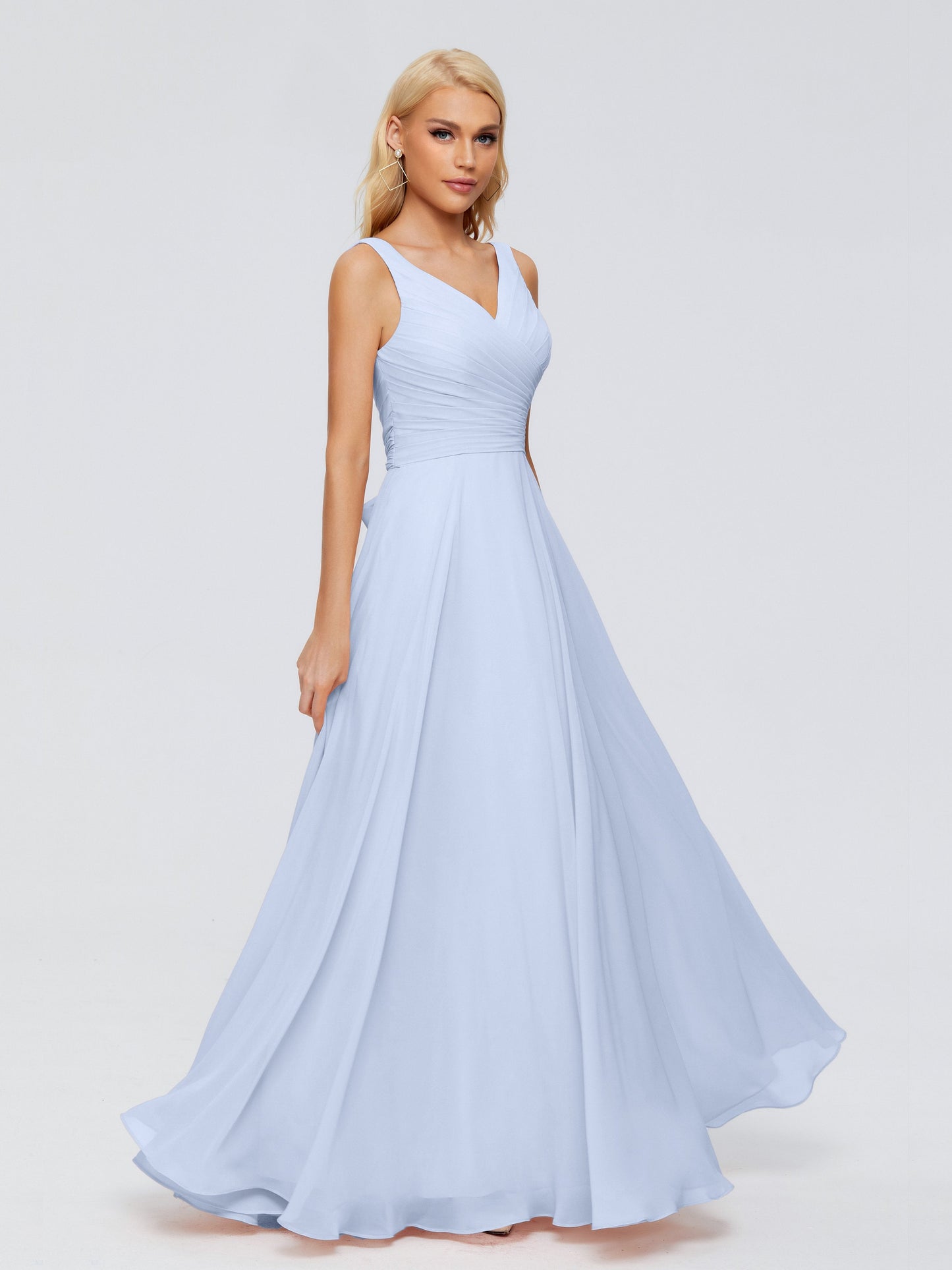 Bridesmaid Dresses Sky Blue V Neck Long Chiffon Bridesmaid Dresses with Bow