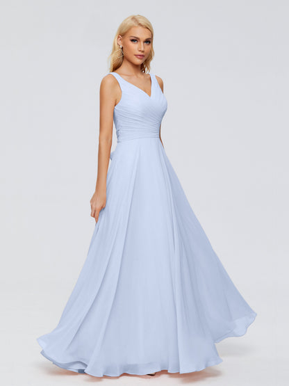 Bridesmaid Dresses Sky Blue V Neck Long Chiffon Bridesmaid Dresses with Bow