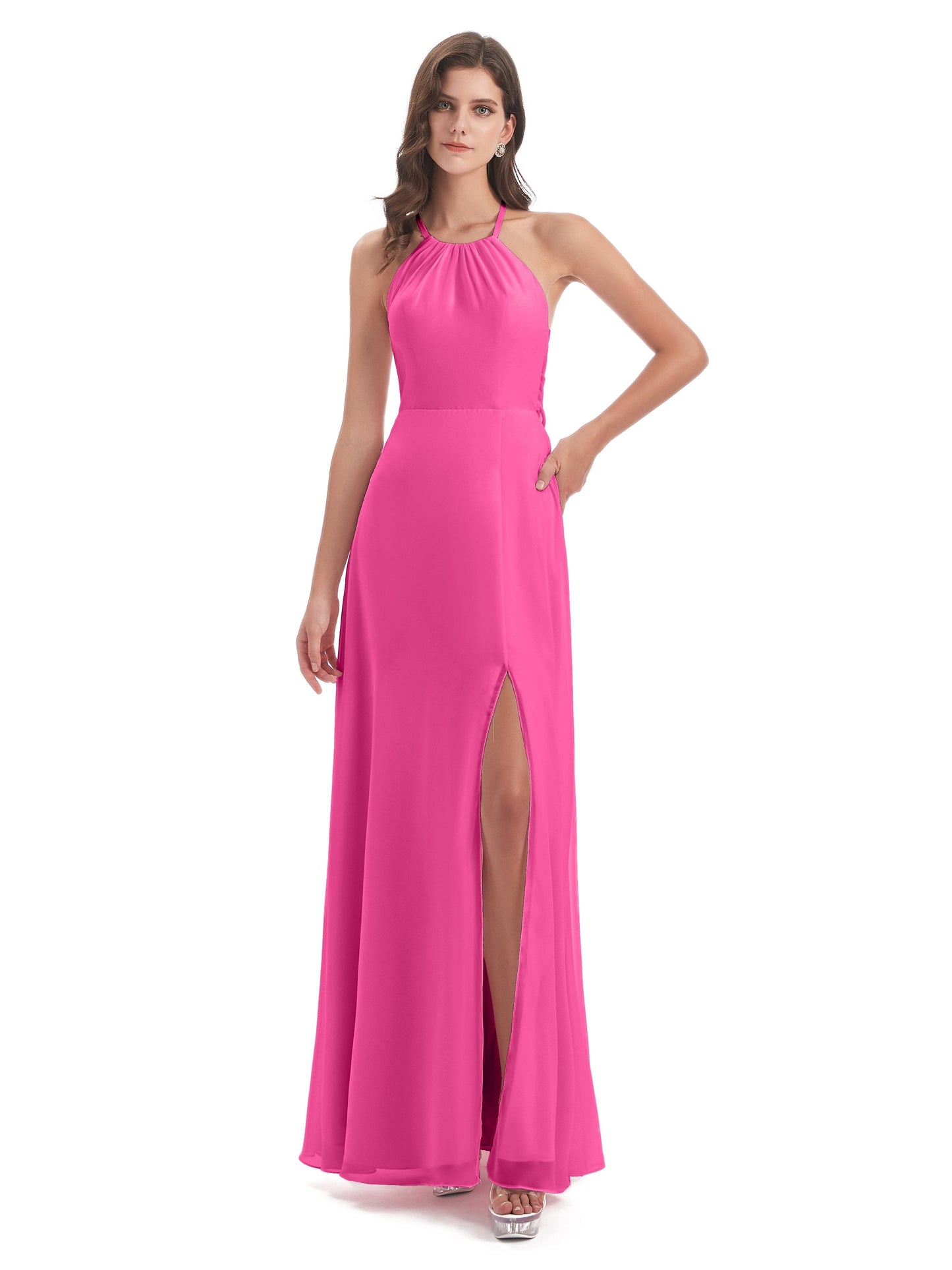 Samira Sheath Floor Length Halter Split Chiffon Bridesmaid Dresses