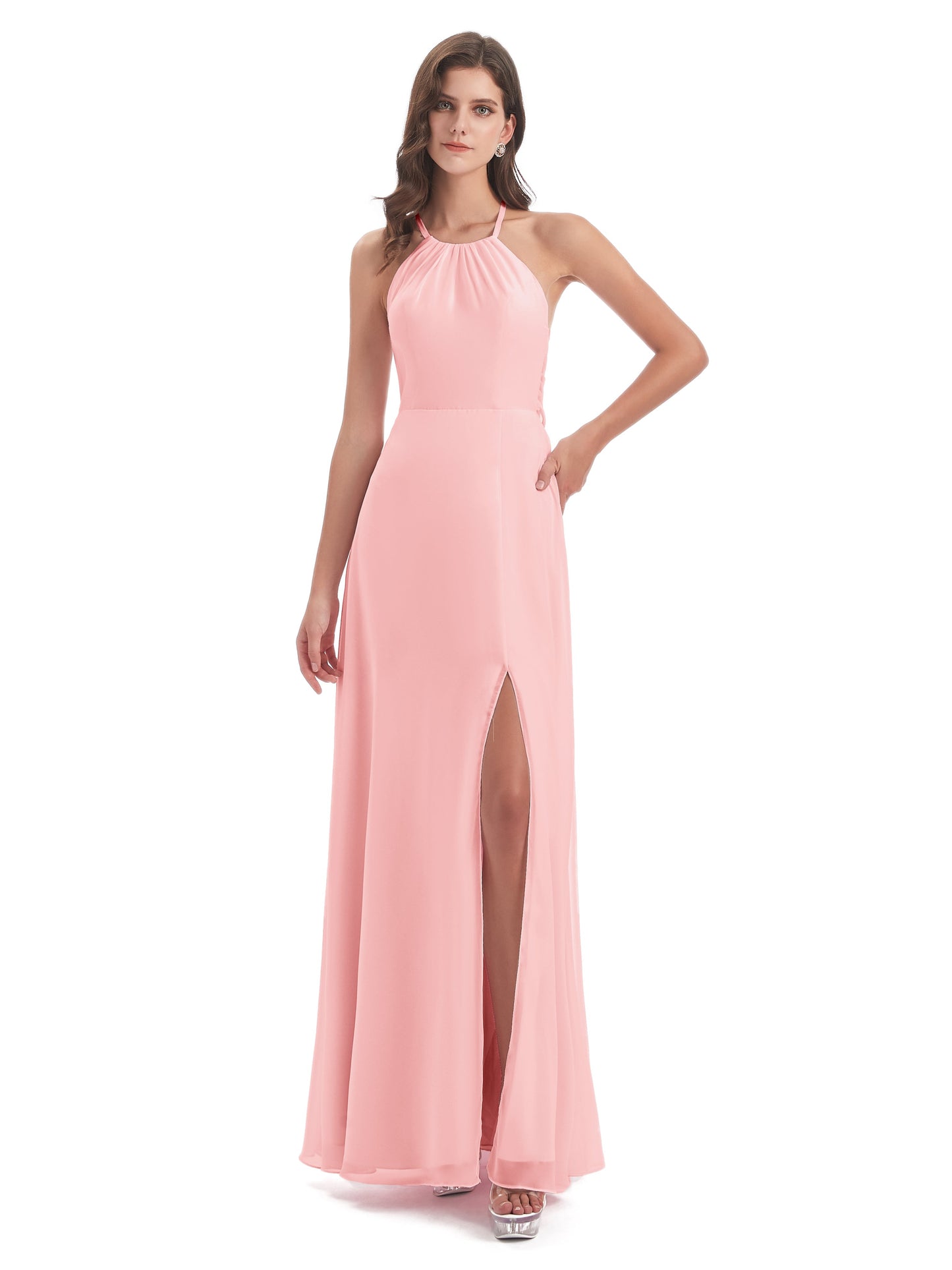 Samira Sheath Floor Length Halter Split Chiffon Bridesmaid Dresses