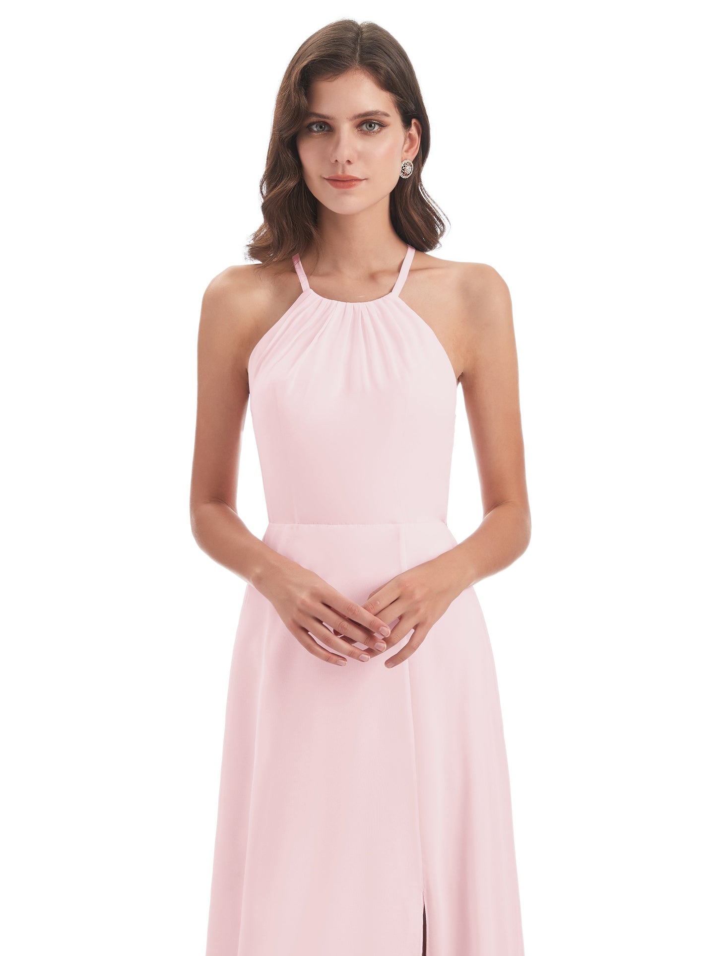 Samira Sheath Floor Length Halter Split Chiffon Bridesmaid Dresses