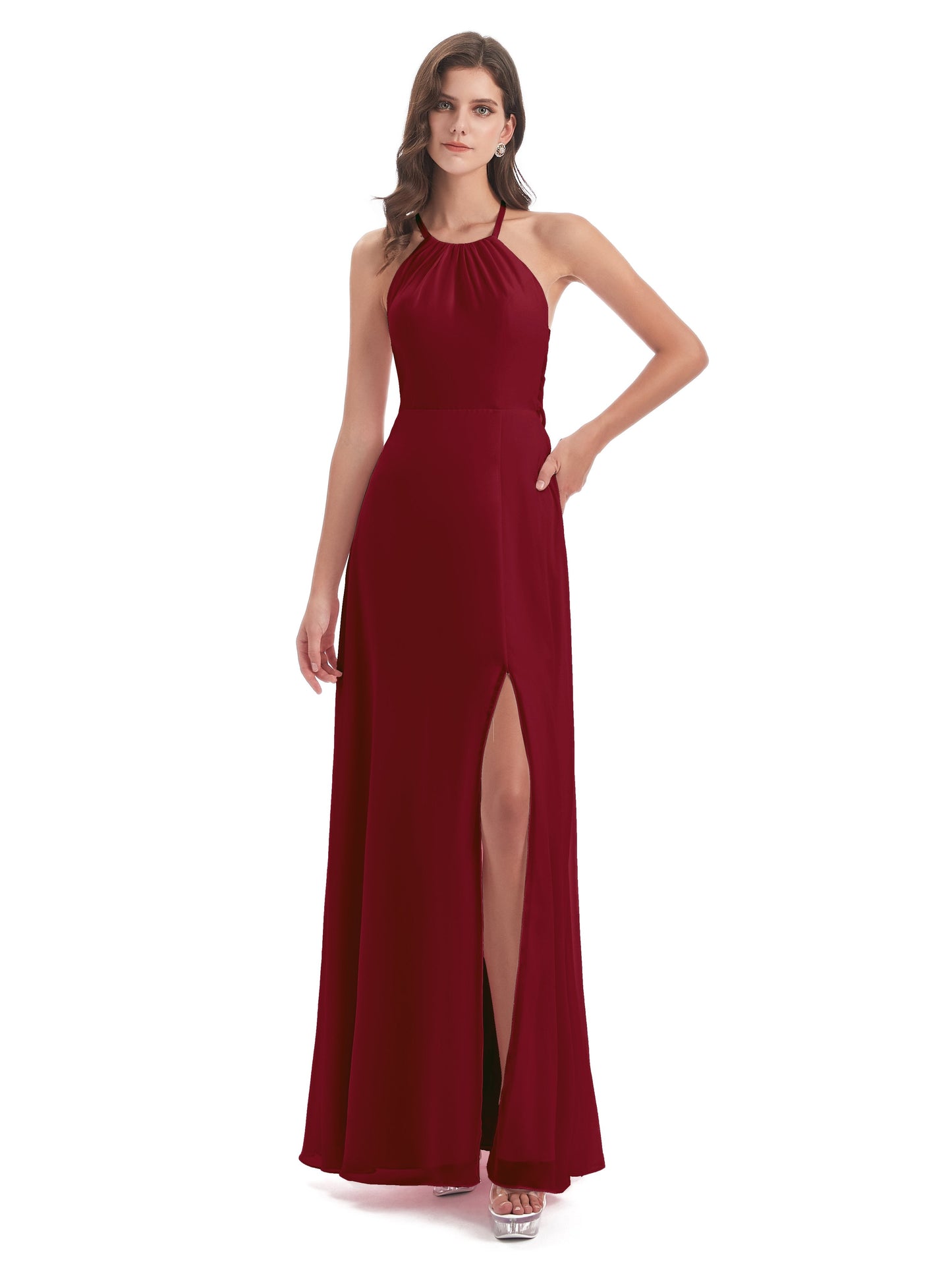 Samira Sheath Floor Length Halter Split Chiffon Bridesmaid Dresses