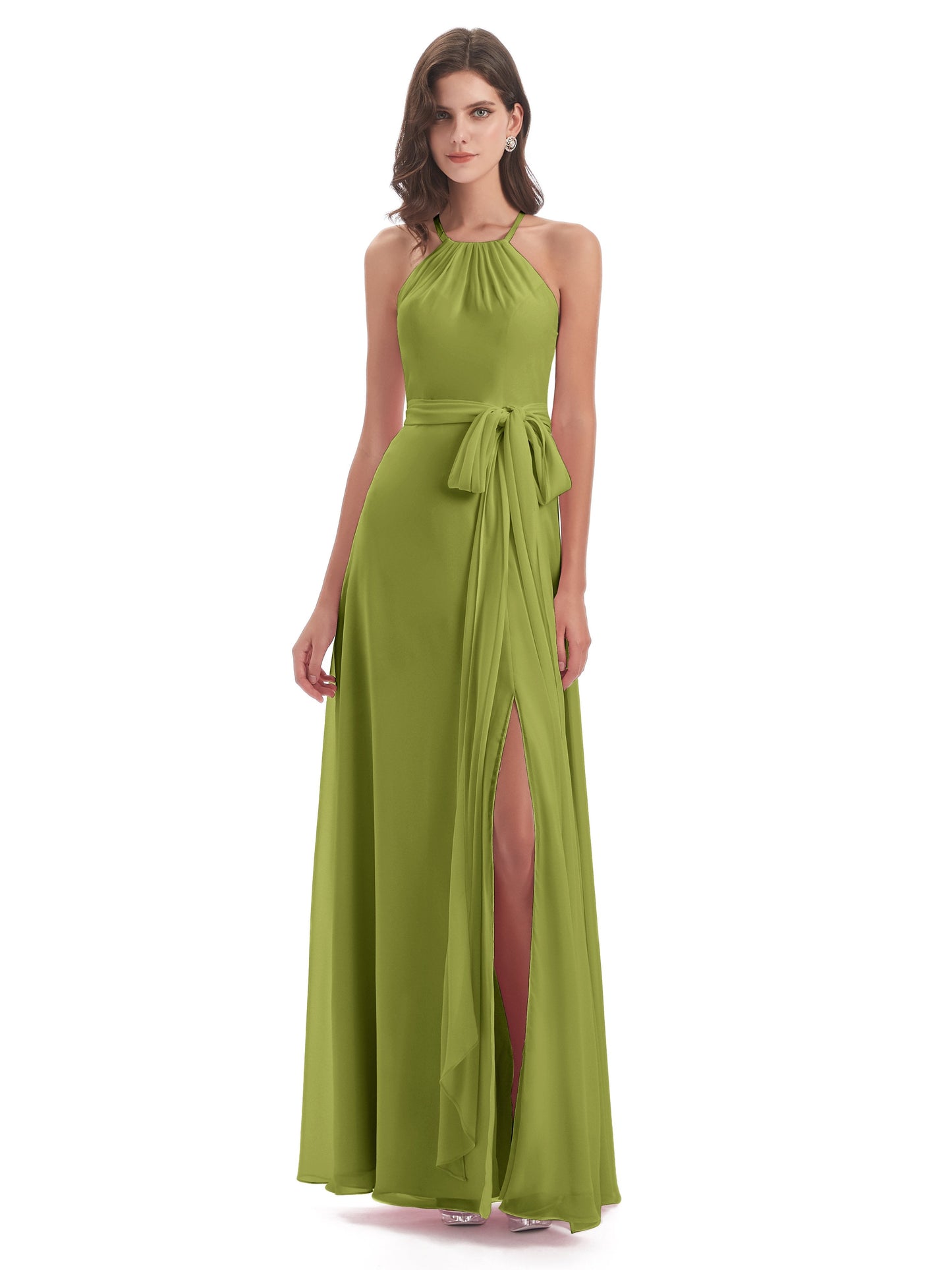 Samira Sheath Floor Length Halter Split Chiffon Bridesmaid Dresses