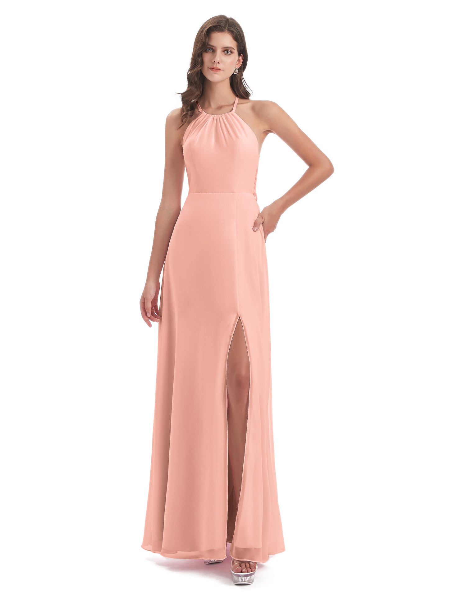 Samira Sheath Floor Length Halter Split Chiffon Bridesmaid Dresses