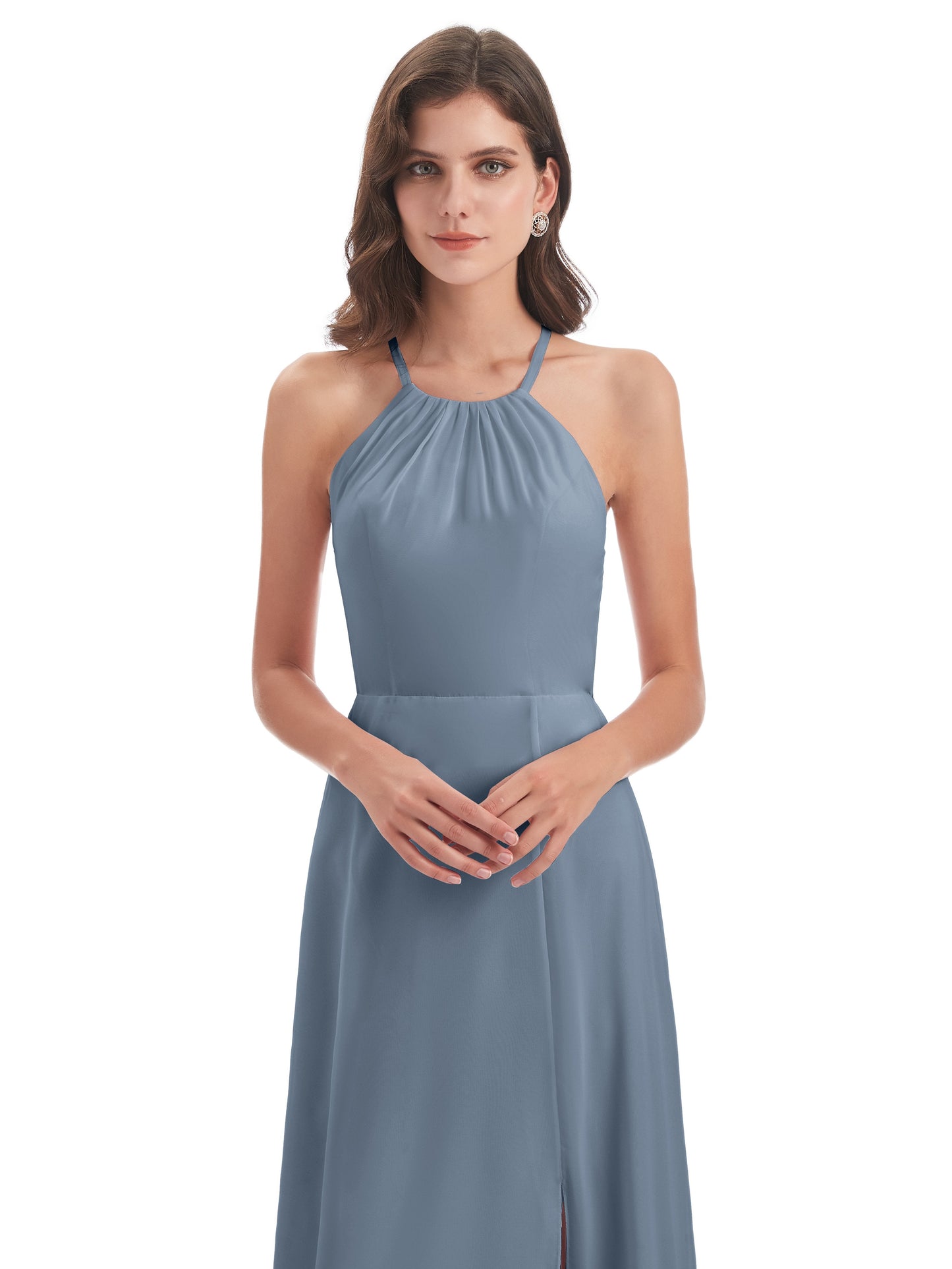 Samira Sheath Floor Length Halter Split Chiffon Bridesmaid Dresses