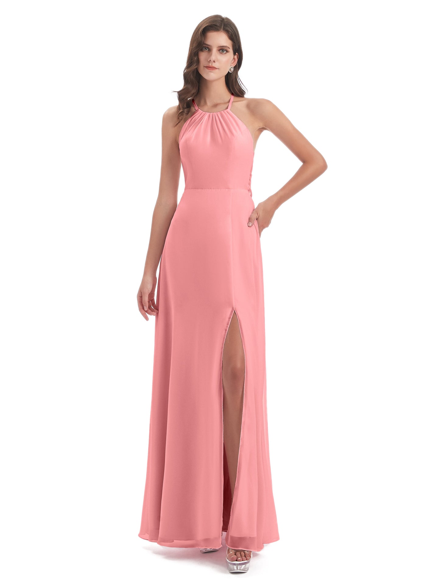 Samira Sheath Floor Length Halter Split Chiffon Bridesmaid Dresses