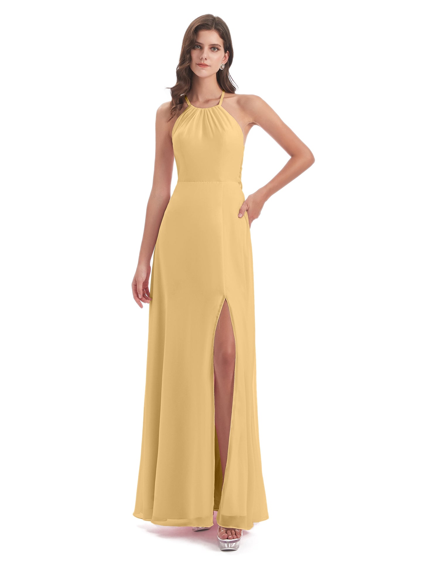 Samira Sheath Floor Length Halter Split Chiffon Bridesmaid Dresses