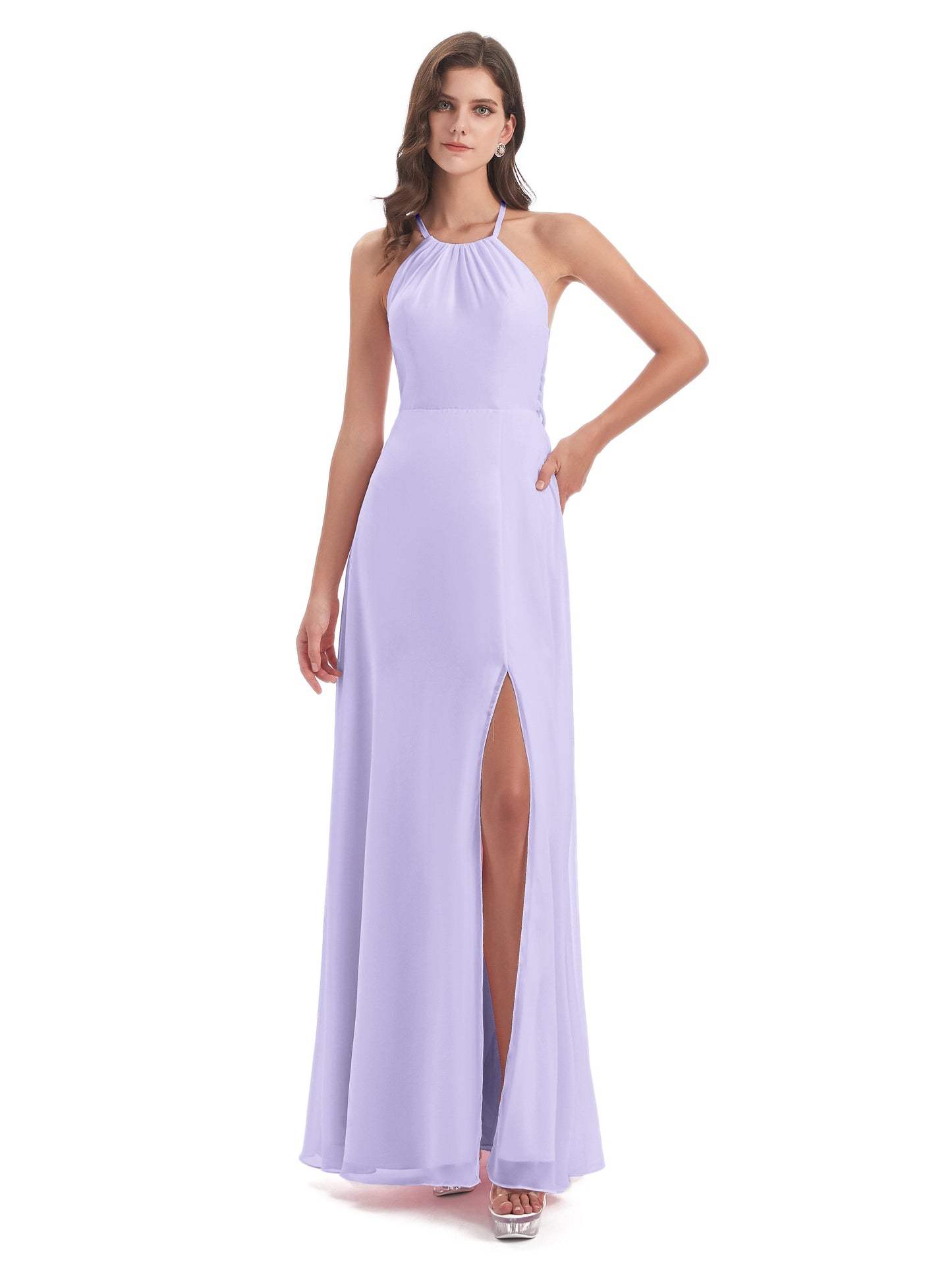Samira Sheath Floor Length Halter Split Chiffon Bridesmaid Dresses