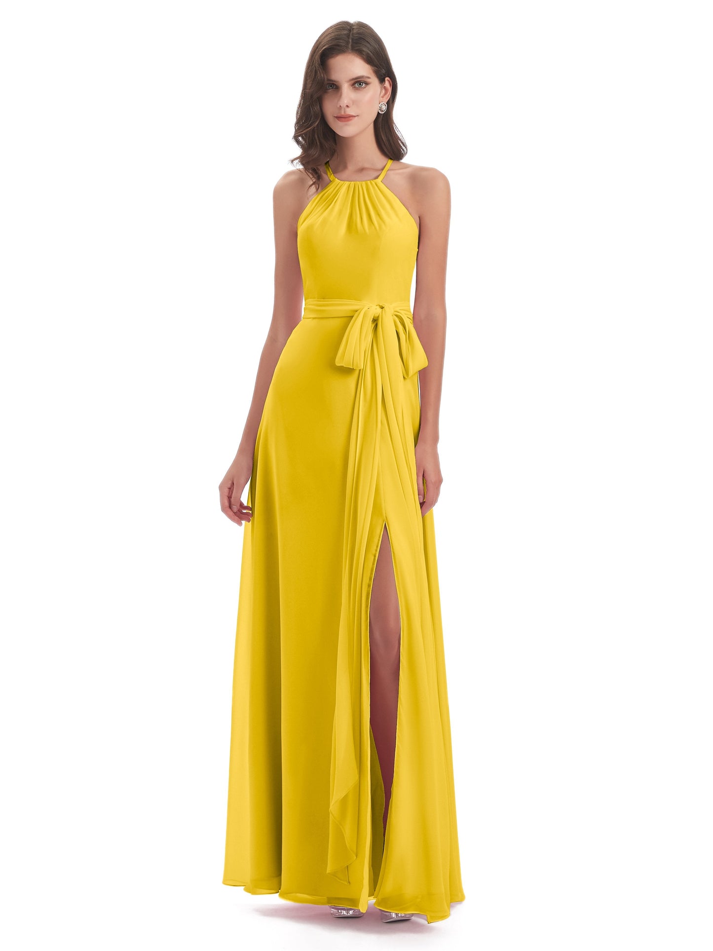 Samira Sheath Floor Length Halter Split Chiffon Bridesmaid Dresses