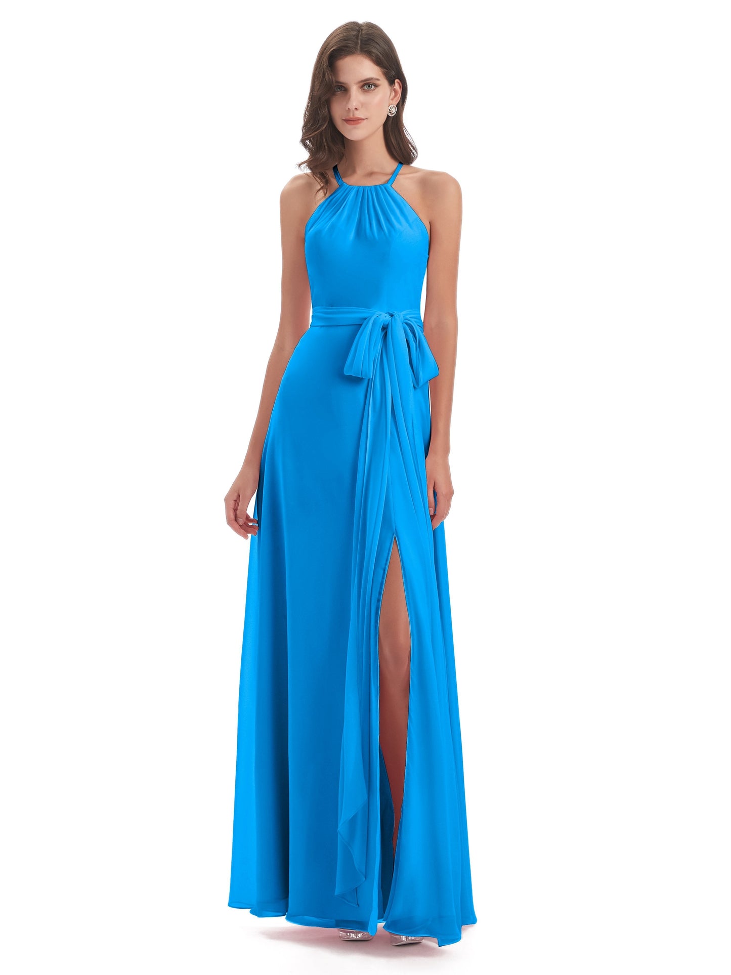 Samira Sheath Floor Length Halter Split Chiffon Bridesmaid Dresses