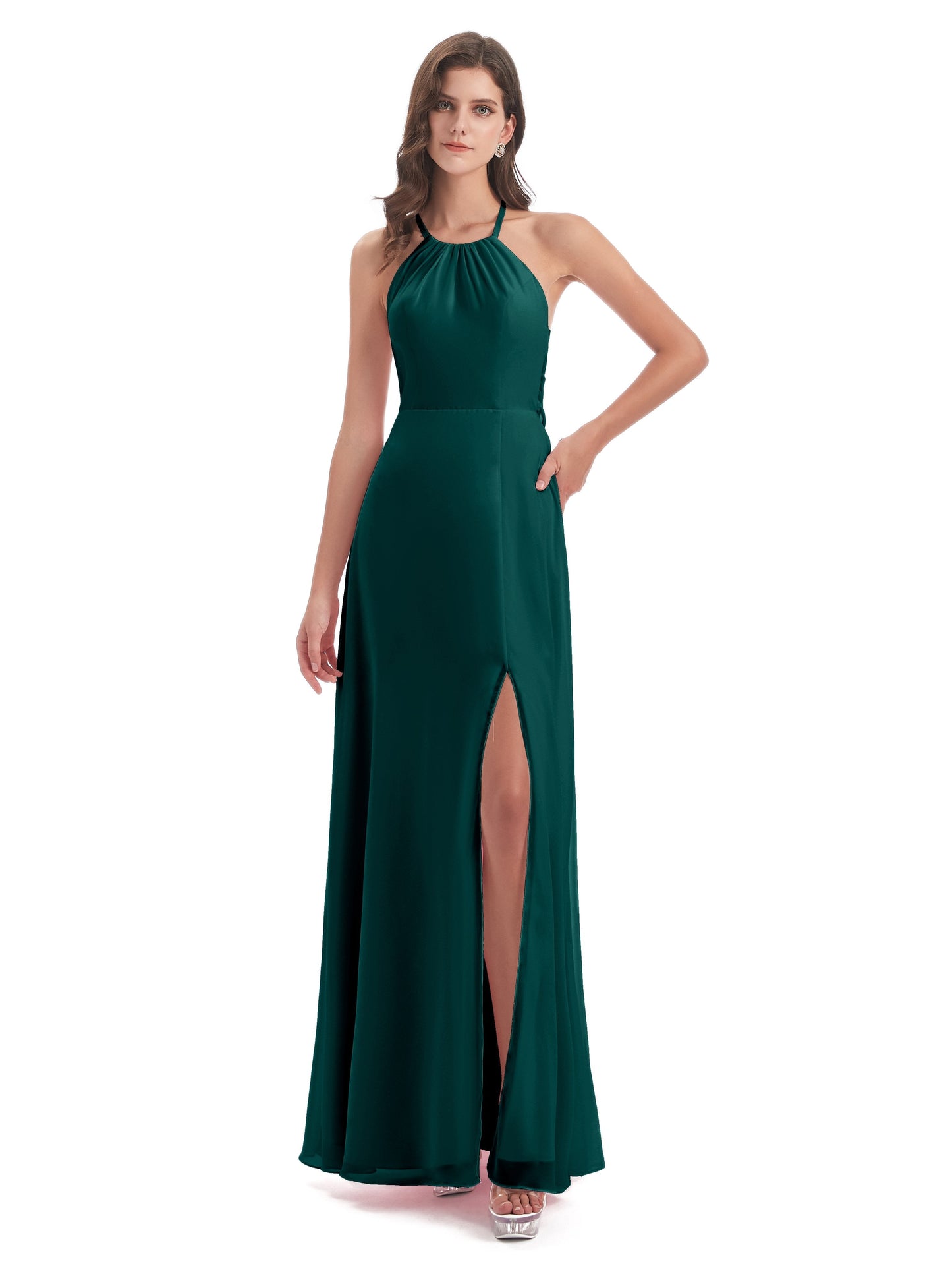 Samira Sheath Floor Length Halter Split Chiffon Bridesmaid Dresses