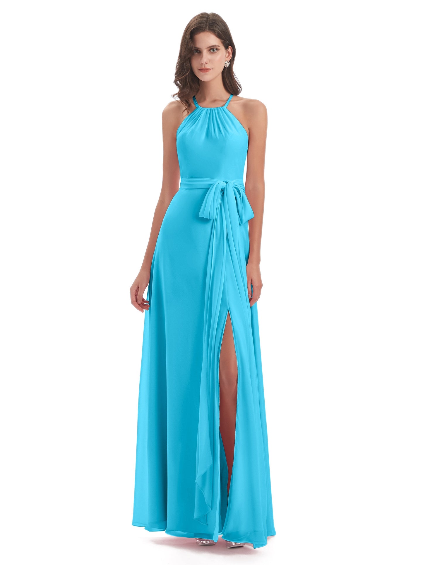 Samira Sheath Floor Length Halter Split Chiffon Bridesmaid Dresses