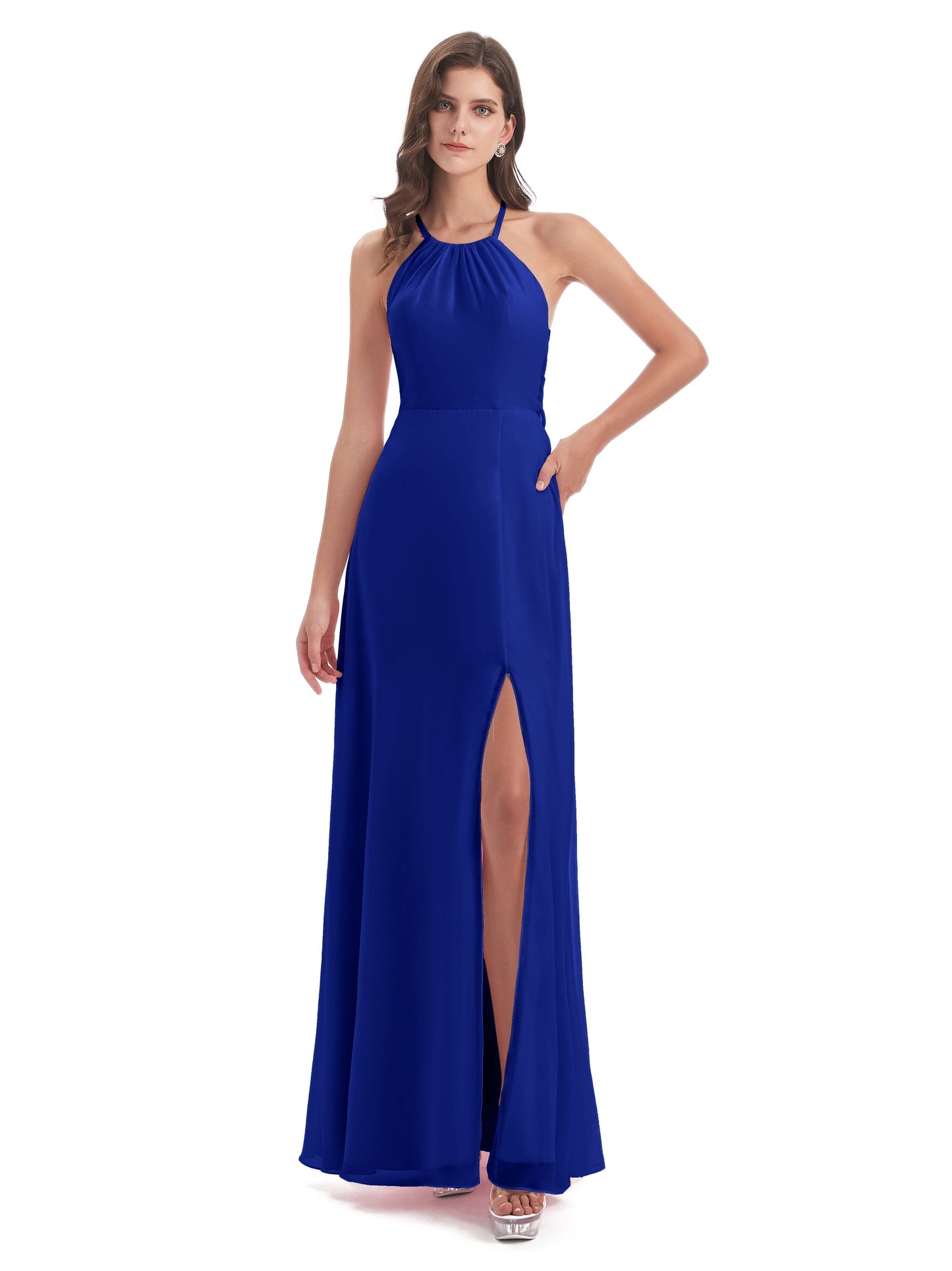 Samira Sheath Floor Length Halter Split Chiffon Bridesmaid Dresses