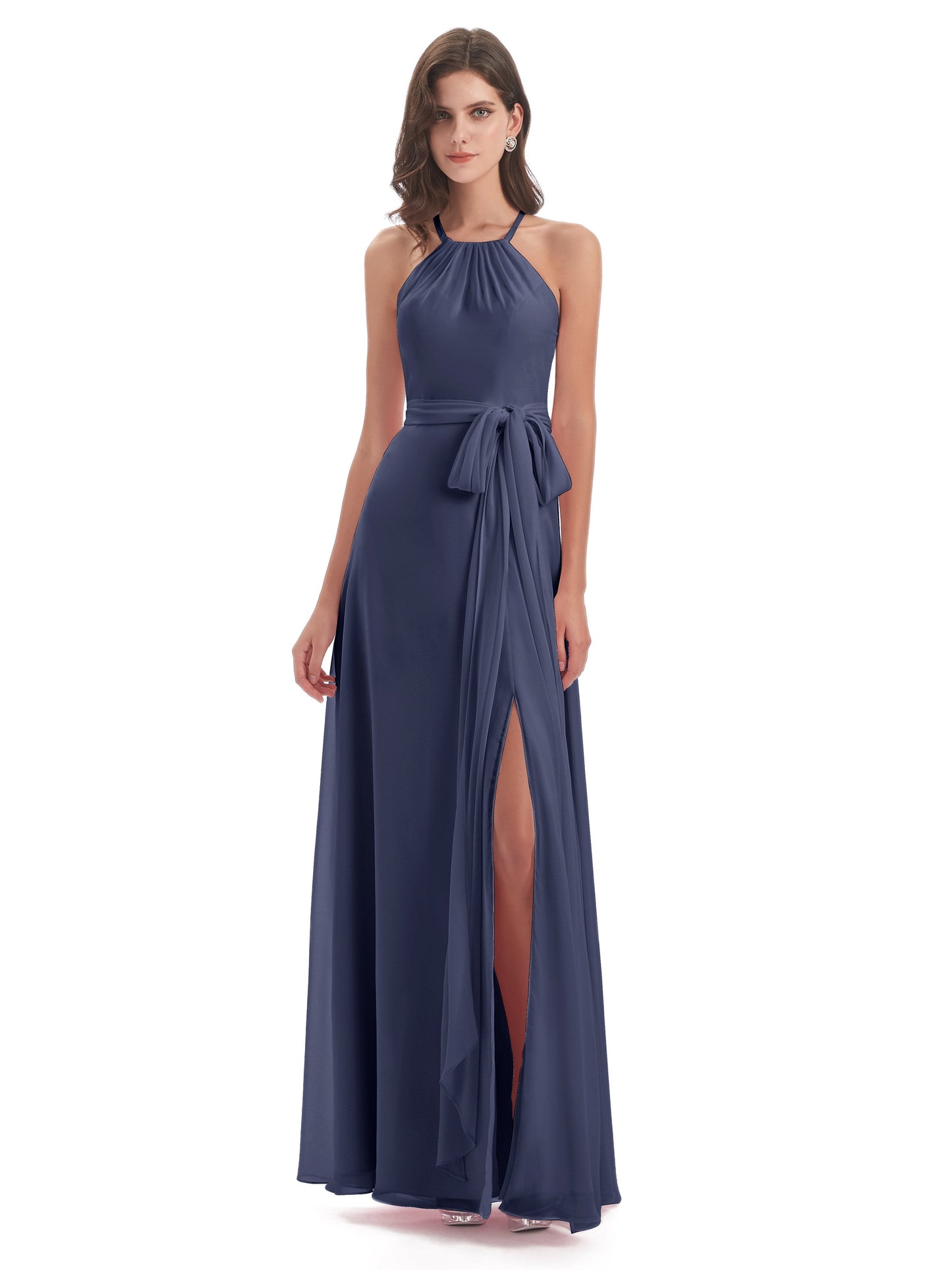 Samira Sheath Floor Length Halter Split Chiffon Bridesmaid Dresses