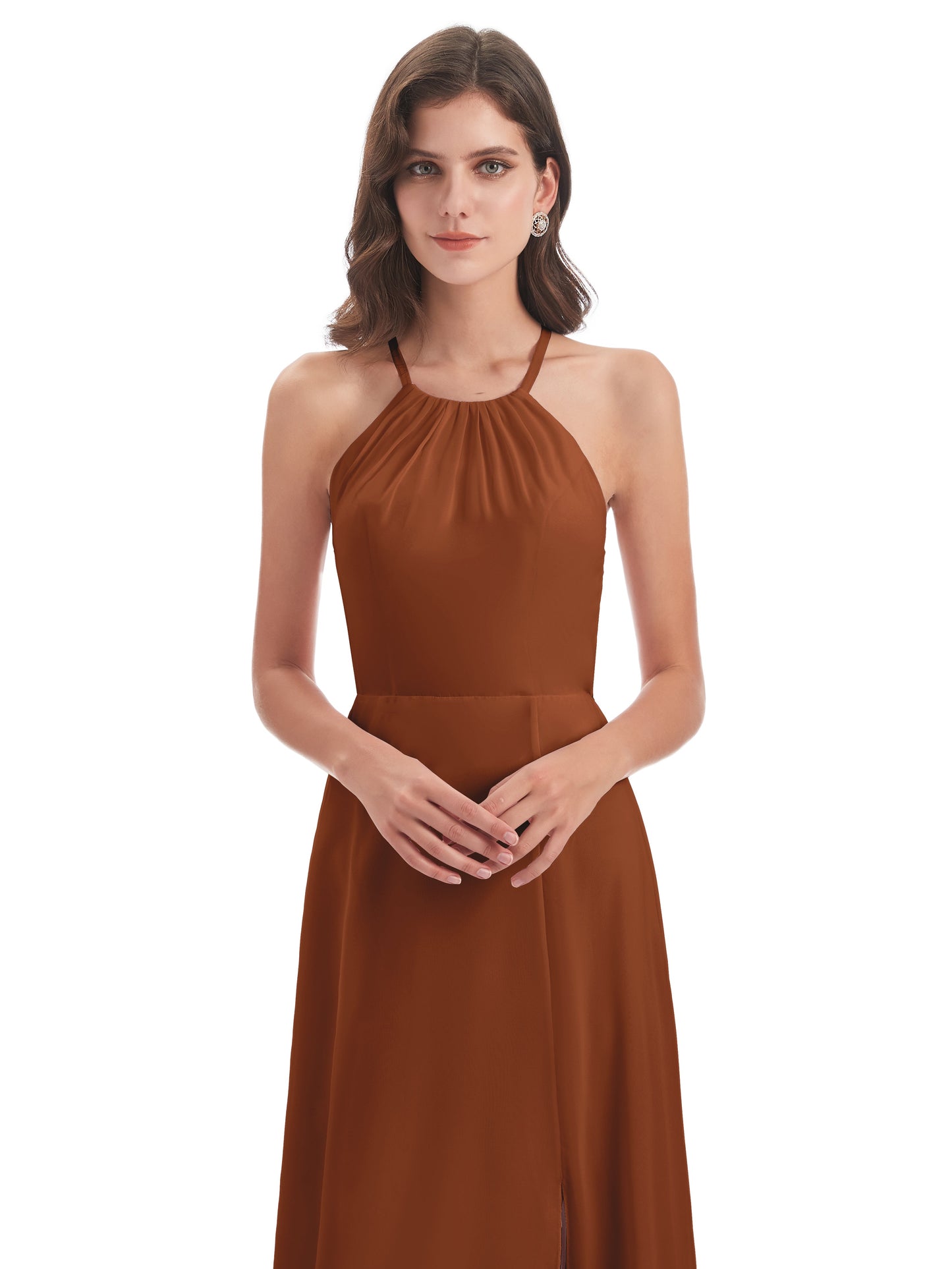Samira Sheath Floor Length Halter Split Chiffon Bridesmaid Dresses