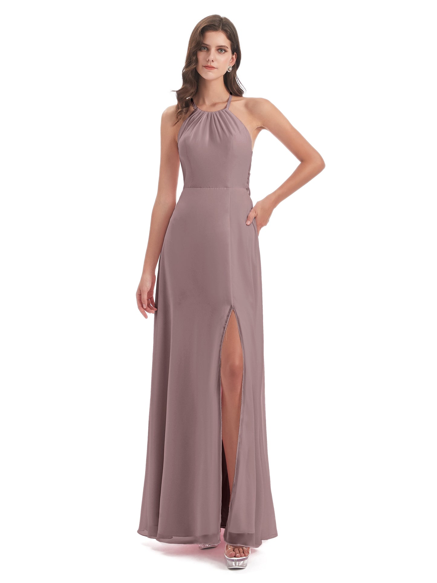 Samira Sheath Floor Length Halter Split Chiffon Bridesmaid Dresses