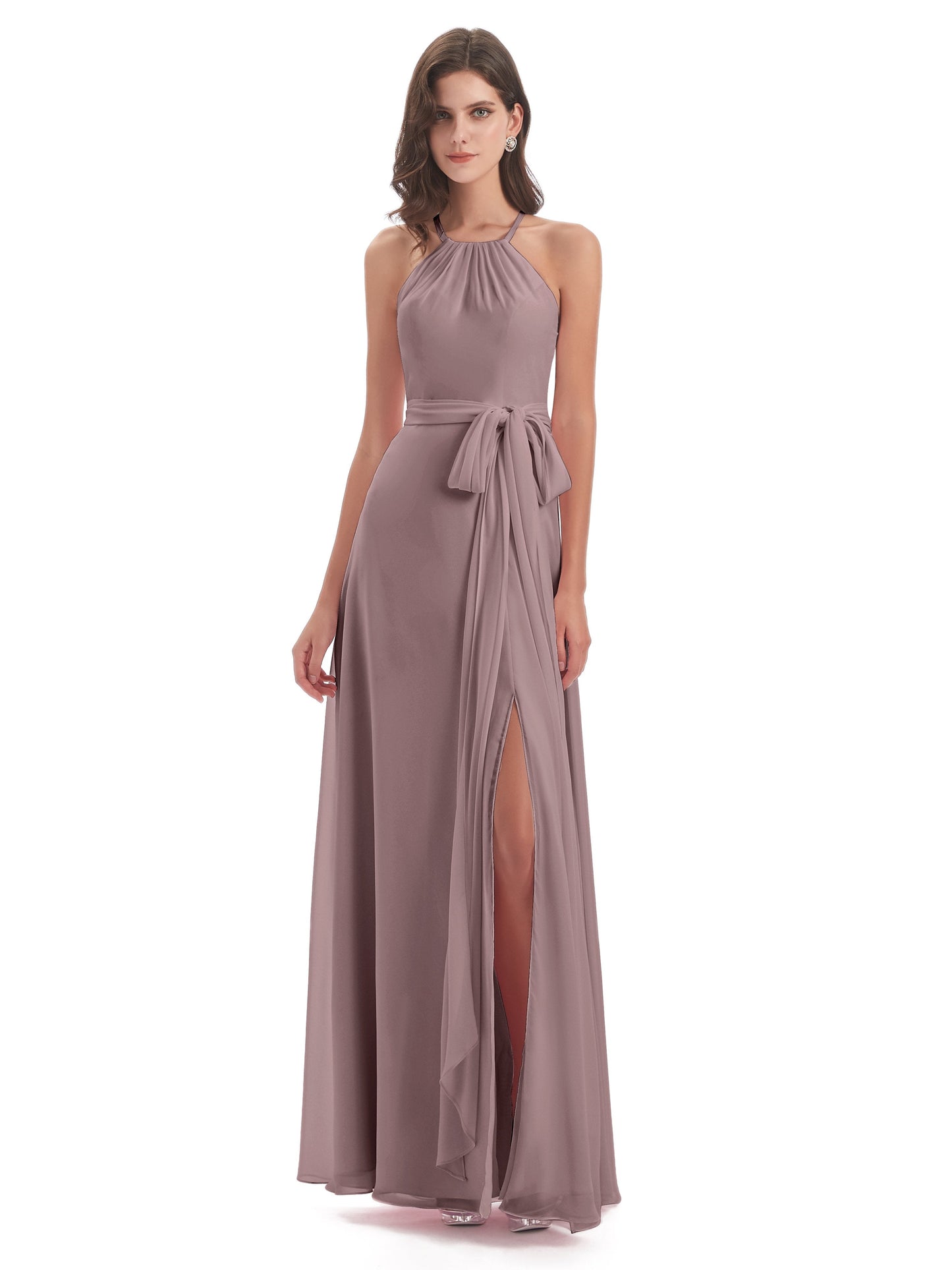 Samira Sheath Floor Length Halter Split Chiffon Bridesmaid Dresses