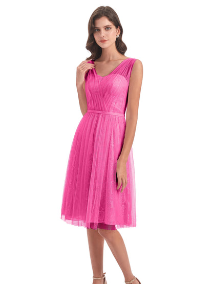 Savannah Knee Length V-neck Straps Tulle Bridesmaid Dresses