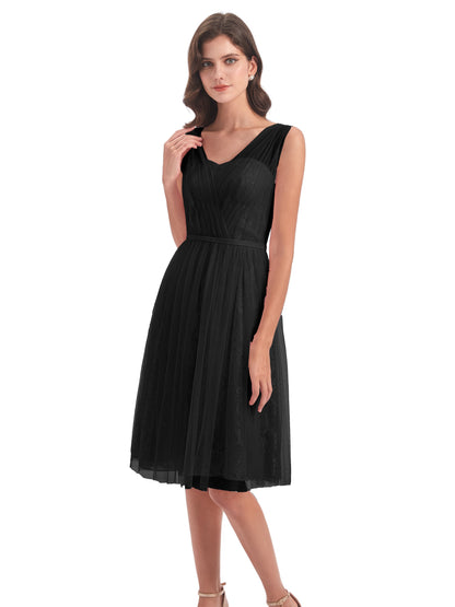 Savannah Knee Length V-neck Straps Tulle Bridesmaid Dresses
