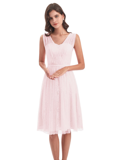 Savannah Knee Length V-neck Straps Tulle Bridesmaid Dresses
