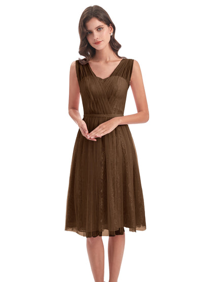 Savannah Knee Length V-neck Straps Tulle Bridesmaid Dresses