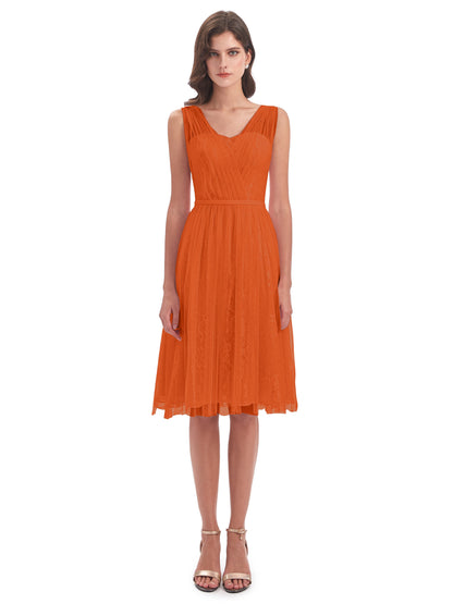Savannah Knee Length V-neck Straps Tulle Bridesmaid Dresses