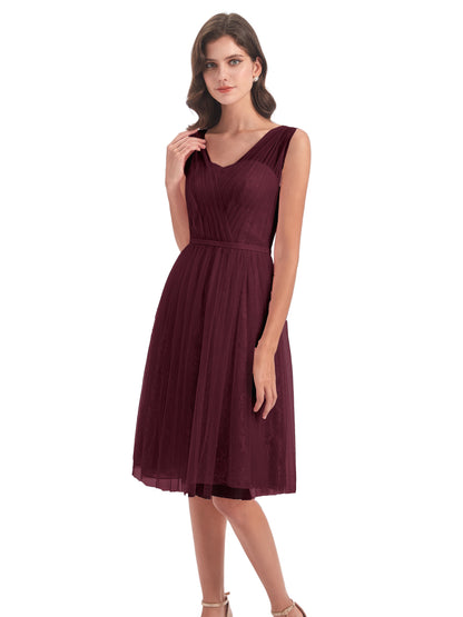 Savannah Knee Length V-neck Straps Tulle Bridesmaid Dresses