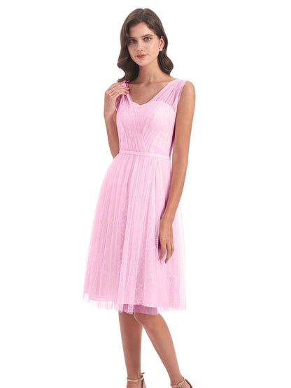 Savannah Knee Length V-neck Straps Tulle Bridesmaid Dresses