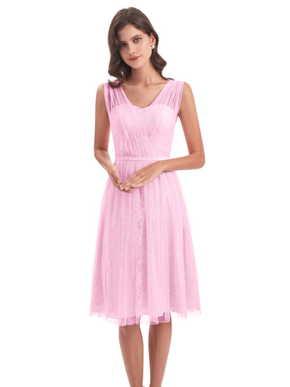 Savannah Knee Length V-neck Straps Tulle Bridesmaid Dresses