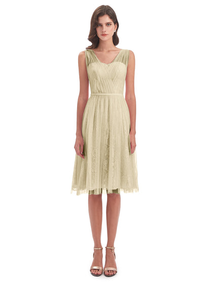 Savannah Knee Length V-neck Straps Tulle Bridesmaid Dresses