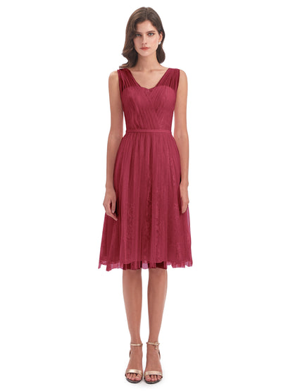 Savannah Knee Length V-neck Straps Tulle Bridesmaid Dresses