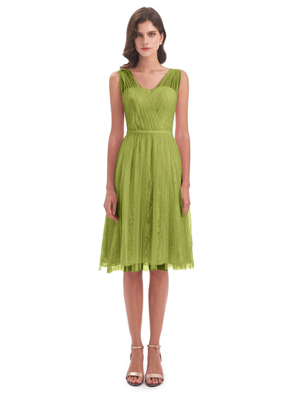 Savannah Knee Length V-neck Straps Tulle Bridesmaid Dresses