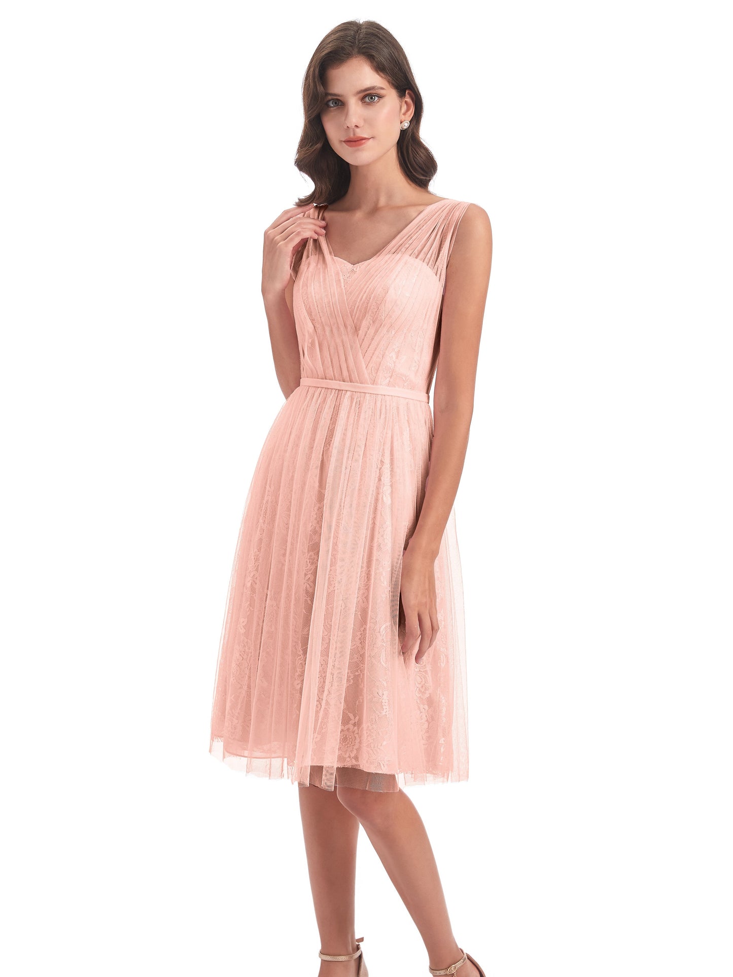 Savannah Knee Length V-neck Straps Tulle Bridesmaid Dresses