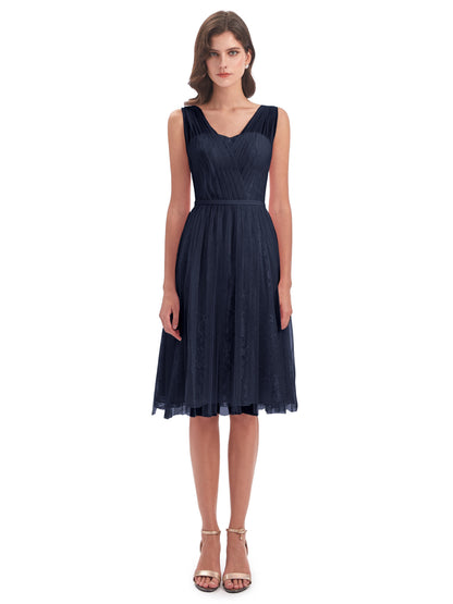 Savannah Knee Length V-neck Straps Tulle Bridesmaid Dresses