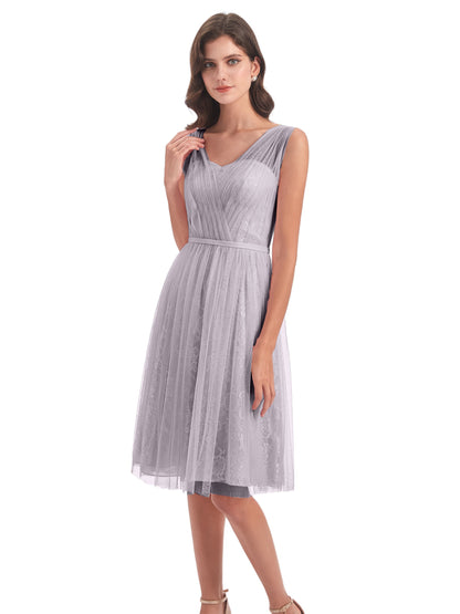 Savannah Knee Length V-neck Straps Tulle Bridesmaid Dresses