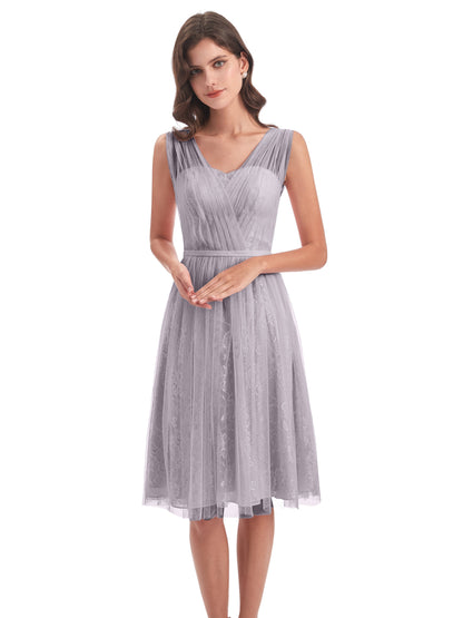 Savannah Knee Length V-neck Straps Tulle Bridesmaid Dresses