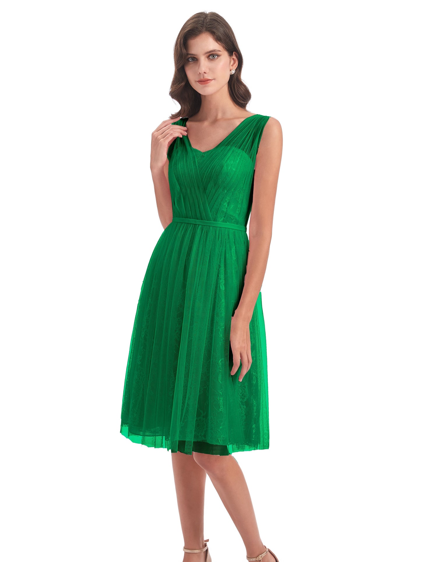 Savannah Knee Length V-neck Straps Tulle Bridesmaid Dresses
