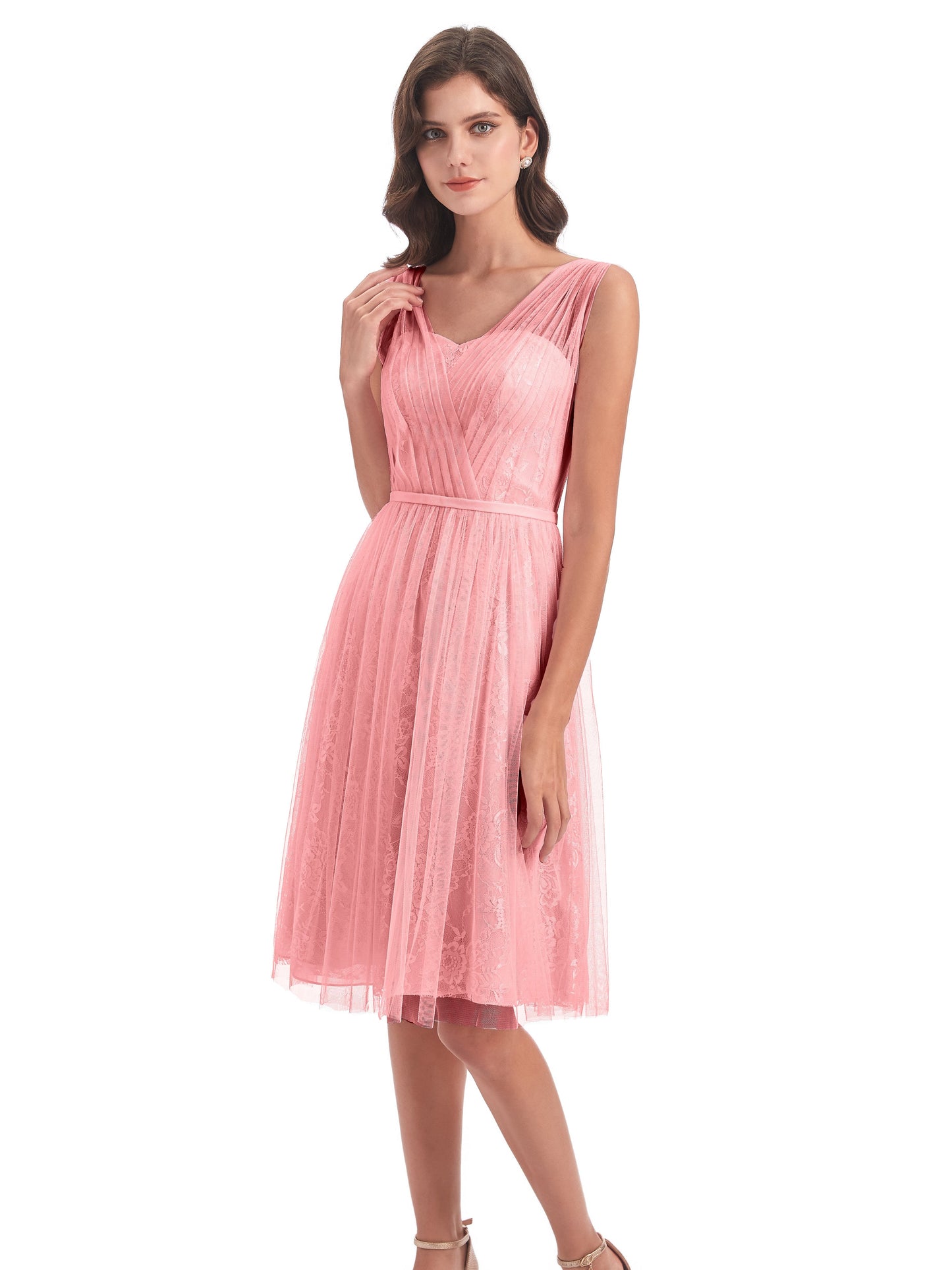 Savannah Knee Length V-neck Straps Tulle Bridesmaid Dresses