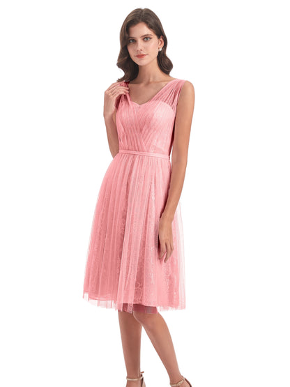 Savannah Knee Length V-neck Straps Tulle Bridesmaid Dresses