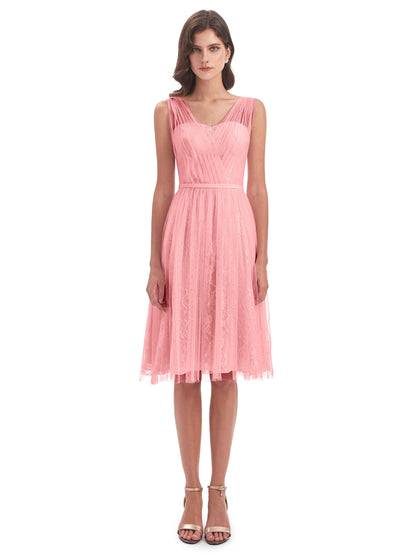 Savannah Knee Length V-neck Straps Tulle Bridesmaid Dresses