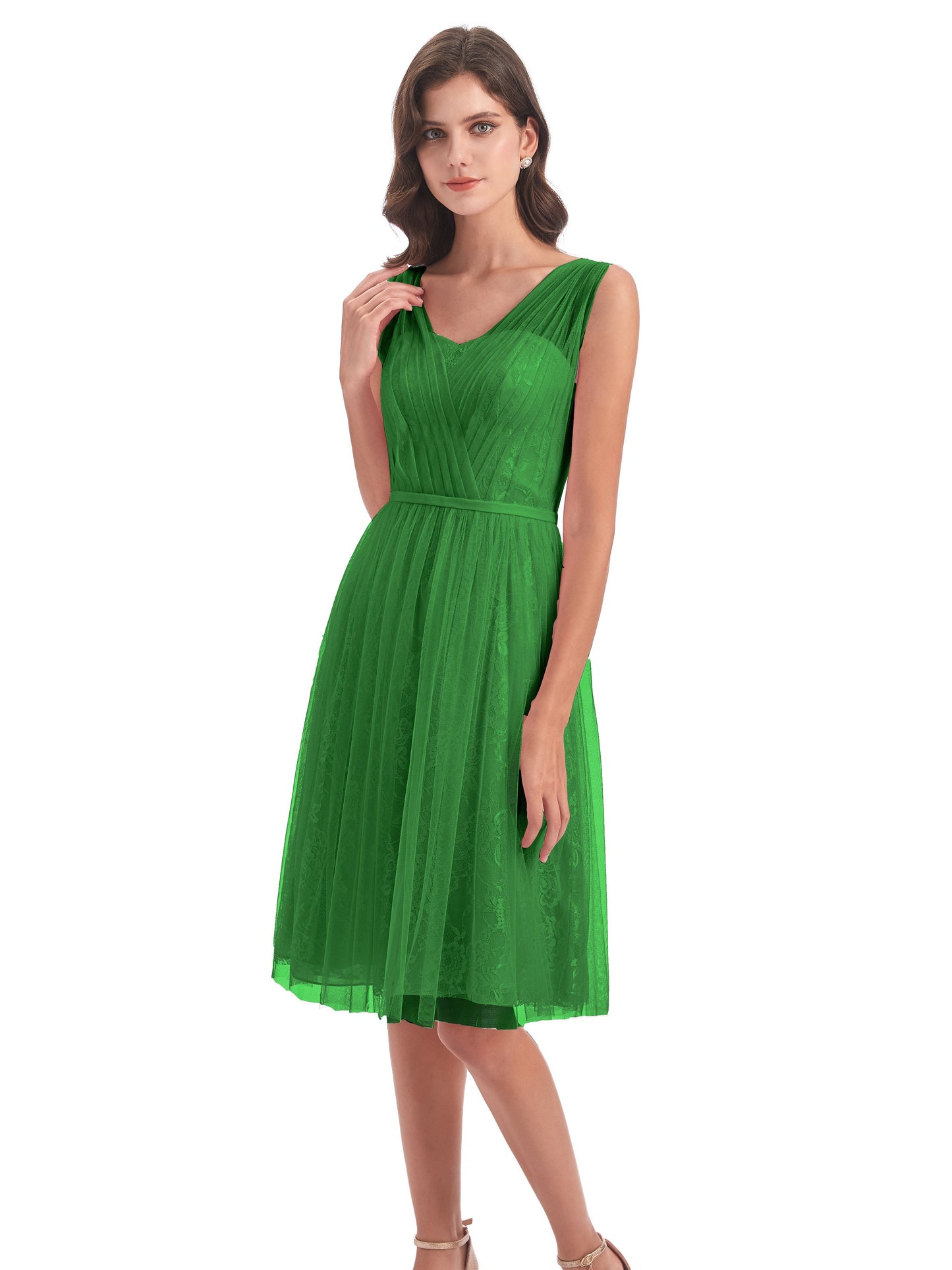 Savannah Knee Length V-neck Straps Tulle Bridesmaid Dresses