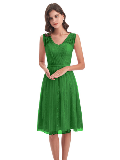 Savannah Knee Length V-neck Straps Tulle Bridesmaid Dresses